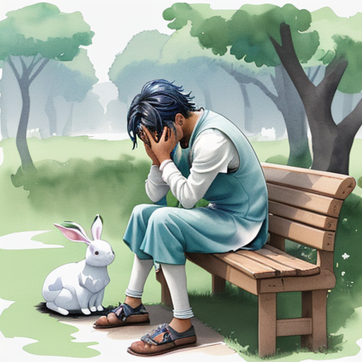 Munna sitting on a bench, holding his head and crying with tears flowing down his face. His three rabbits are in the background, happily eating grass.