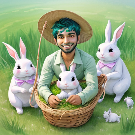 Munna sitting next to his rabbit cage, surrounded by the three rabbits, with a basket of fresh grass and a big smile on his face.
