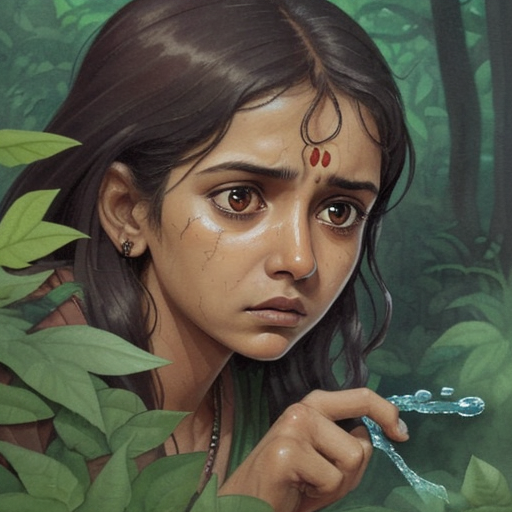 A close-up of Munni searching for her key in the forest, looking worried and frustrated. Some leaves and stones could be scattered around her.