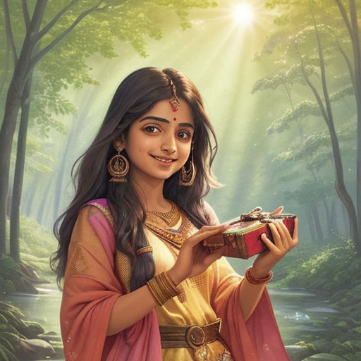 An image of Munni holding her treasure box open, smiling as she gazes at her treasures inside. The background could feature a sunny forest landscape or a sun shining through the trees.