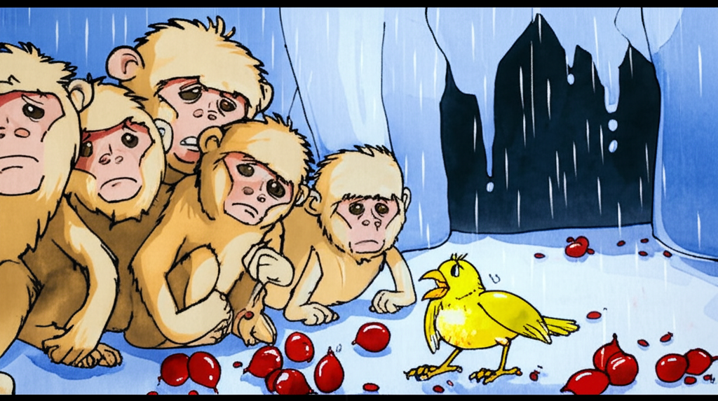 A watercolor scene depicting a group of similarly-sized, light brown monkeys with dark eyes, looking frustrated and cold in a rain-soaked mountain environment.  Several shiny, red Gunja fruits are scattered near them. A small yellow bird with detailed feathers is positioned slightly off to the side, looking worried, with its wings slightly spread as if to gesture towards a dark cave mouth in the background.  The color scheme emphasizes the cold greys and blues of the rain and mist, contrasted by the warmth of the red Gunja fruits and the yellow of the bird.  All characters should be consistently rendered in style.