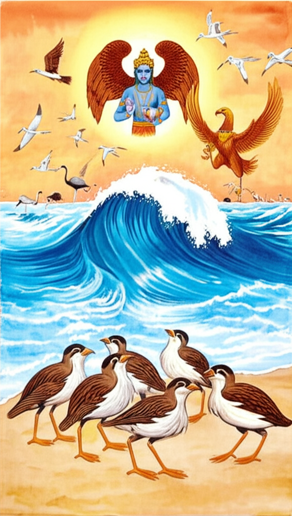 Watercolor illustration depicting a vibrant beach scene with powerful, expressive ocean waves.  A family of Tittibha birds (small, consistently colored) are centrally positioned, their expressions conveying fear, worry, and hope. In the upper section of the painting, subtly integrate Lord Vishnu (large, regal, in calming blues) overseeing the scene, and King Garuda (large, detailed, golden and majestic) subtly present above the chaos of the ocean. The other birds (swans, cranes, peacocks – easily distinguishable) should be subtly included within the background scene, smaller in scale than the Tittibha birds.
