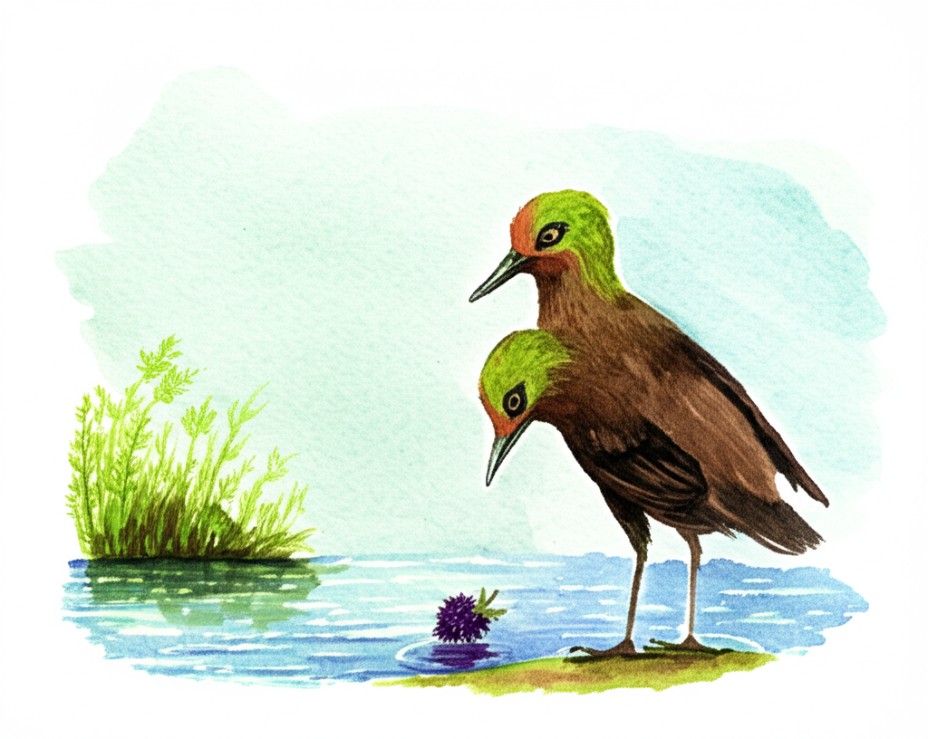 Watercolor painting of Bharunda, a two-headed bird (heads are a consistent olive green and a deep, rich brown), with one head sadly looking at a poisonous purple-black fruit it just ate near a realistically painted sparkling lake. The other head displays a look of concern and regret. The color palette is muted, with cool blues and greens for the lake reflecting the bird’s sorrow. Use a loose, expressive watercolor style with visible brushstrokes.