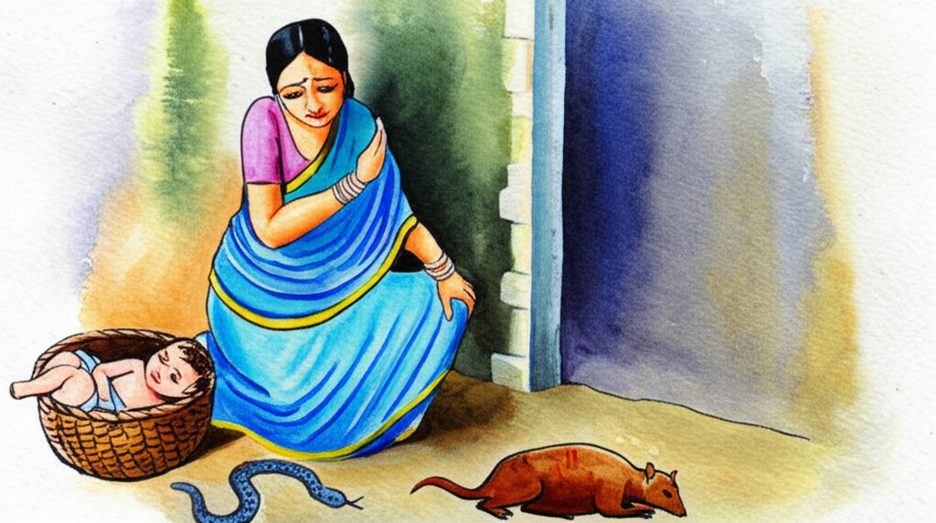 Watercolor painting of a Brahmin family scene.  The central focus is on the Brahmin mother, in a flowing blue sari, her face etched with grief and regret, looking down at a small, injured mongoose. The mongoose, a rich brown, lies near a dead snake.  The baby, light skinned and safe, is tucked in a basket nearby. The background suggests a simple home interior, emphasizing the intimacy and emotional intensity of the scene. The color palette uses cool blues and greens to convey sadness, contrasting with the warm browns of the mongoose. The style should emphasize the emotional depth through subtle washes of color and soft lines.