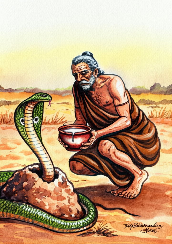 Watercolor painting of a single scene: Haridatta, a kind-faced older man with brown clothing, kneeling before a large anthill, gently offering a bowl of milk to a cobra with a detailed, slightly injured hood. The cobra is a vibrant green, and the anthill is textured and earthy. In the background, a wilting, sun-baked field, rendered in muted browns and yellows, suggests Haridatta’s struggling farm. Use warm, earthy watercolor tones.  The style should be slightly illustrative and detailed.