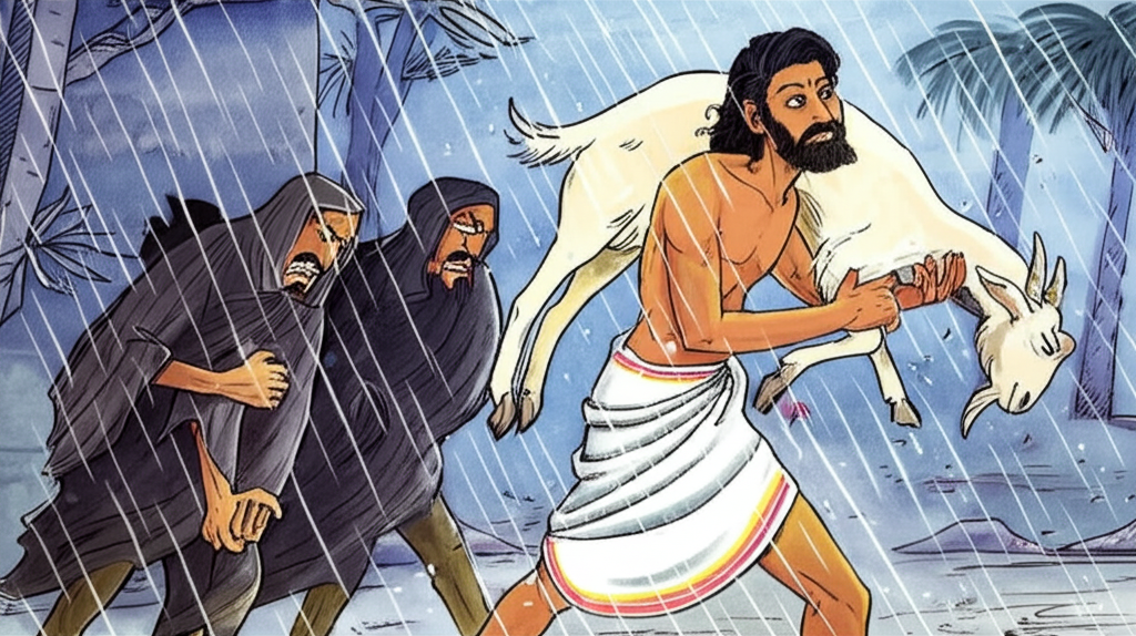 Watercolor illustration: Mitra Sharma, a Brahmin with light brown skin and a white dhoti, struggling to carry a large, white goat through a rainy street. Three sly figures, dressed in dark, muted colors, surround him. Each sneaky person has a distinct expression of hunger and amusement, subtly suggested by their eyes and body language. The goat is realistically depicted, rendered with soft, varied washes of white and light brown. Background details are minimal, emphasizing the central figures and the dramatic weather.