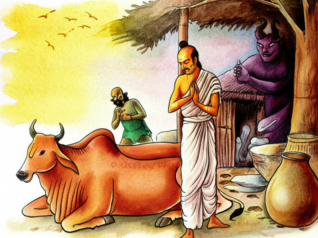 Watercolor painting of a serene scene depicting a thin, kind Brahmin, Drona (light brown robes, long hair and nails), praying amidst his two large, brown cows in a simple, rustic setting at twilight. A shadowy, horned demon (dark purple, menacing features) and a small, shifty-looking thief (dark green, ragged clothes) are hidden in the background, arguing amongst themselves. The overall mood should be peaceful yet slightly ominous, reflecting the impending conflict.