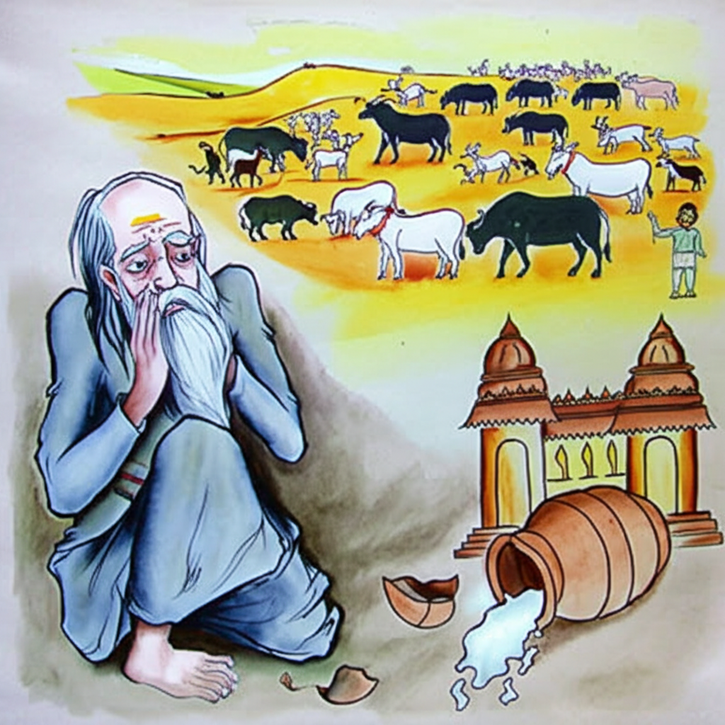 Watercolor painting depicting Swabhavakripna waking up from his dream. His face displays disappointment, painted in soft blues and greys. Next to him, the broken clay pot is visible with spilled porridge.  In a semi-transparent overlay above him, fainter watercolors illustrate scenes from his dream: a rich, bustling landscape with happy animals (goats, cows, buffaloes, horses) and a large house, all rendered in warmer colors, showcasing the wealth and family he dreamt of. Soma Sharma, a small, brightly colored figure, is clearly seen amongst the animals, creating a sense of happy chaos. The scene should depict the stark contrast between the reality of poverty and the fleeting richness of the dream.