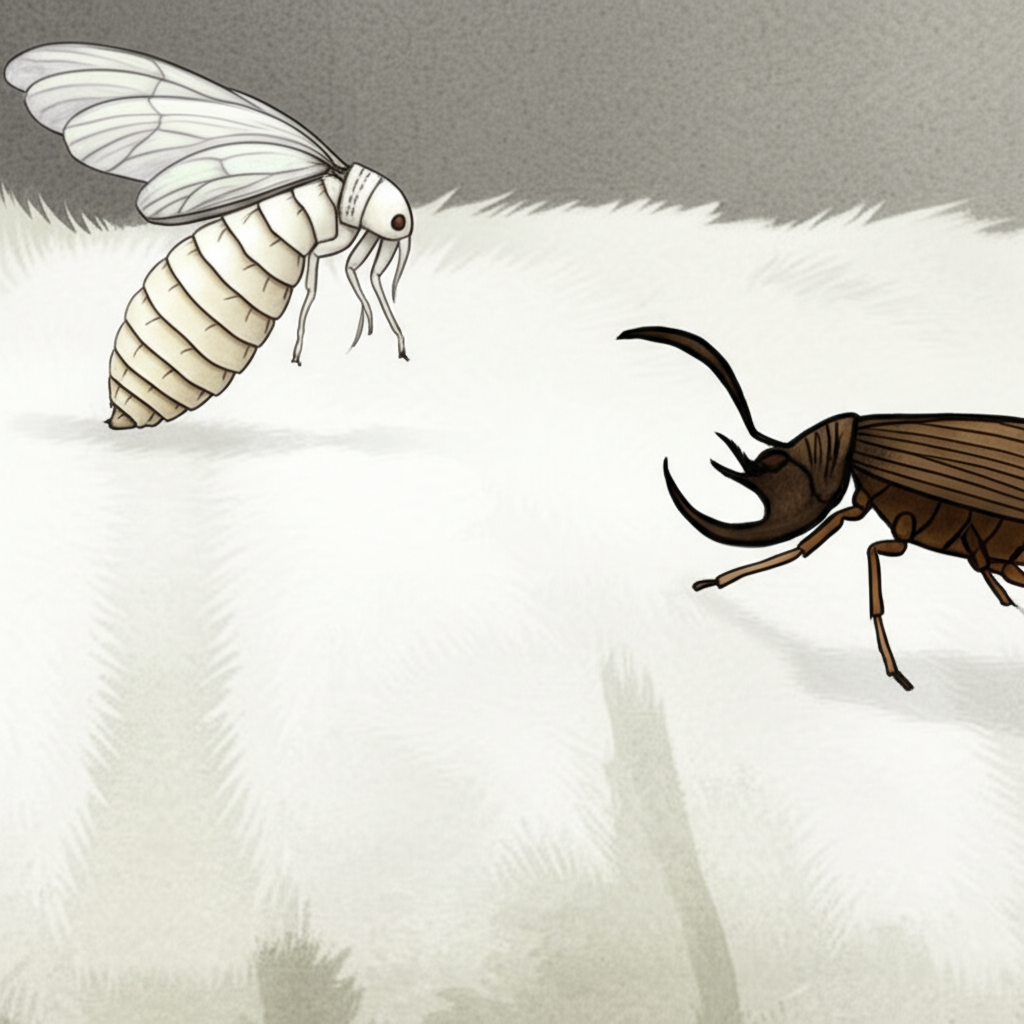 Watercolor painting of a fluffy white king’s bed, a tiny white flea (Mandavisarpini) with delicate, translucent watercolor wings, and a larger, darker-colored bug with menacingly sharp mandibles. The king is subtly implied by a large, slightly rumpled section of the white bedsheets. The overall color palette should be soft and muted, mostly whites and creams with accents of soft grey and dark brown, reflecting the muted tone of the story.  Mandavisarpini is positioned near the king’s form, appearing small and delicate, while the bug is slightly further away, looking toward Mandavisarpini with a sly expression.