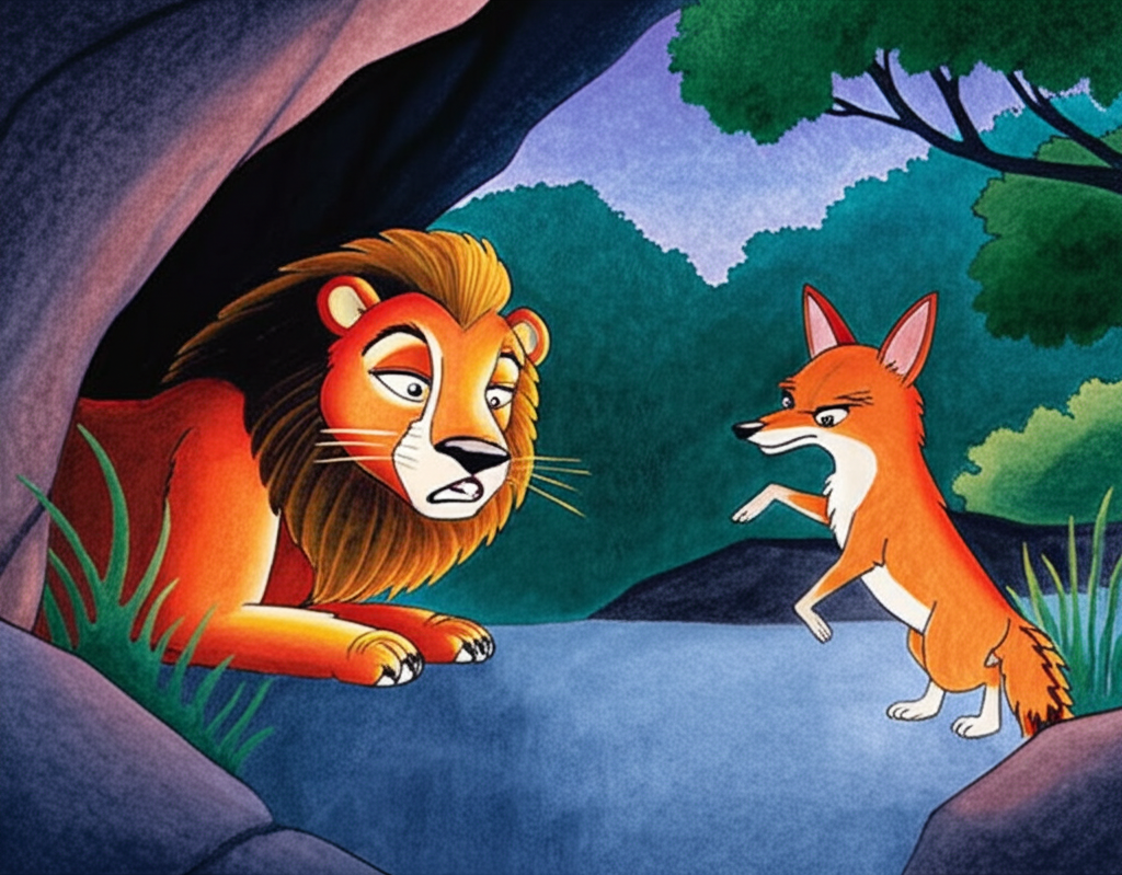 A single watercolor painting depicting Kharanakhara, a large, ochre-colored lion, with a dark mane and tail, peeking out from a dark, damp cave.  His expression is slightly anxious.  Outside, a smaller, clever-looking jackal, a light reddish-brown, with sharp features, is shown just outside the cave entrance, looking at the lion with a mixture of suspicion and relief, having just heard the lion’s roar. The background is a wash of cool blues and purples for the twilight sky and darker greens for the jungle foliage.  The lion and jackal’s size and color palette should remain consistent.