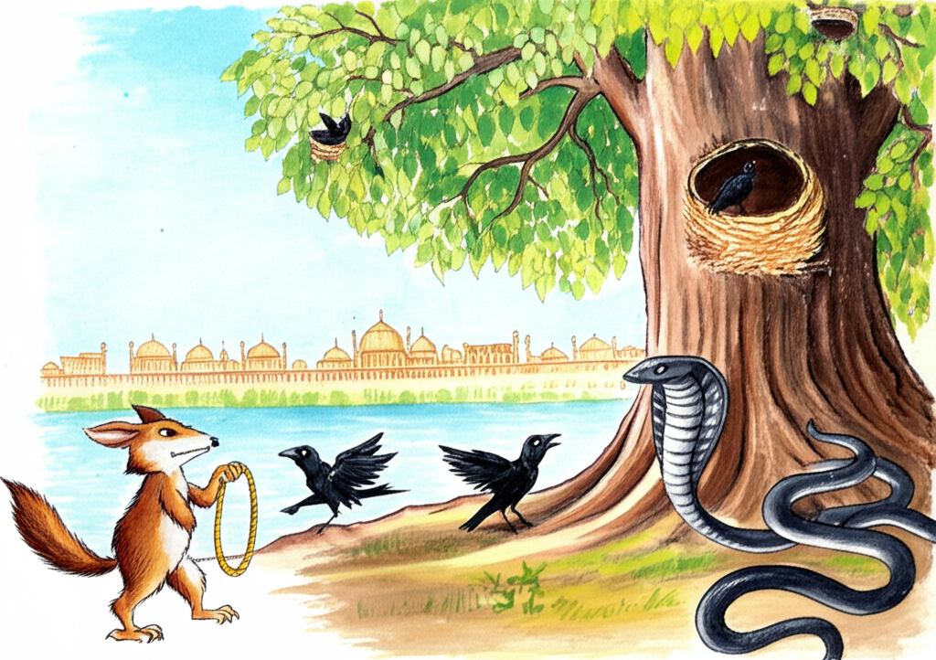 Watercolor painting of a vibrant banyan tree with a cozy crow’s nest high in its branches. A large, dark-colored cobra emerges from a hole in the tree trunk.  In the foreground, a clever jackal, distinguished by its unique coloring and posture, observes the scene.  Two crows, consistent in size, shape and color, are depicted—one holding a glittering gold necklace, the other looking on anxiously.  The background shows a glimpse of a city with a shimmering lake, hinting at the location where the necklace was retrieved. Focus on rich, contrasting watercolors and a sense of narrative unfolding.