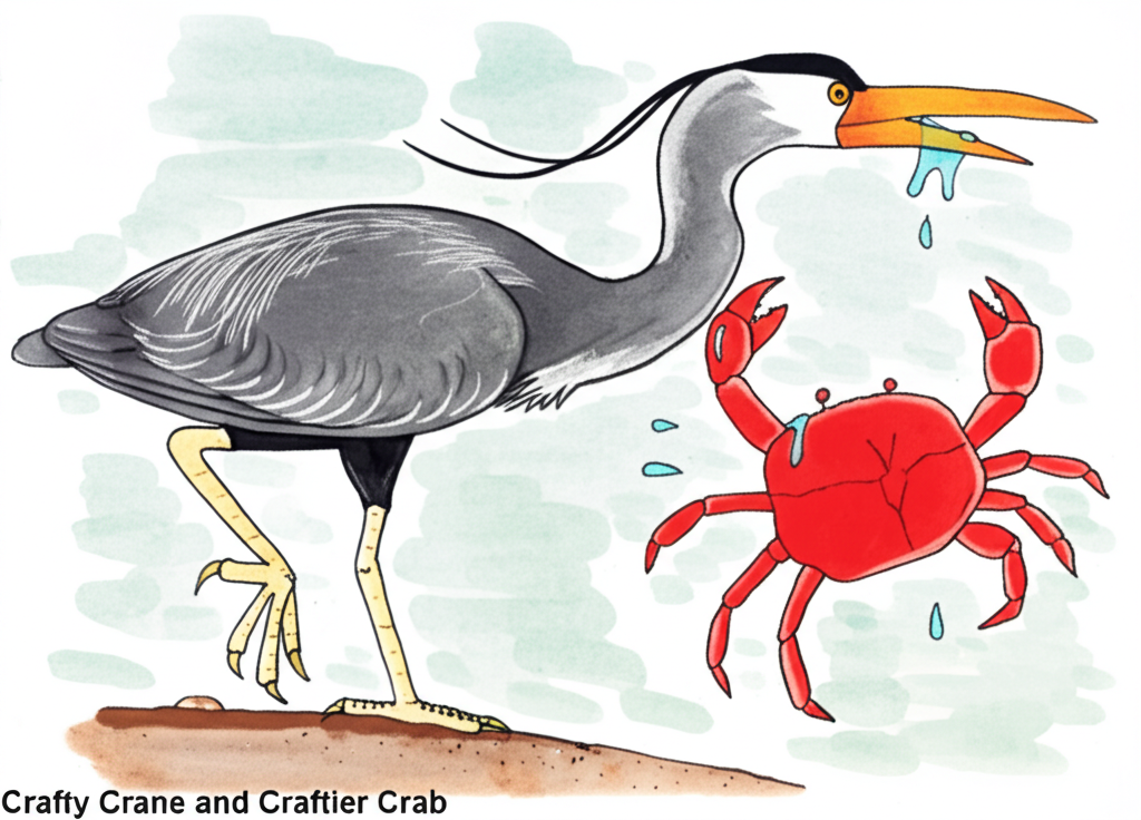 Watercolor illustration: A dramatic close-up of the heron and crab in a struggle. The heron, same consistent color and shape as previous prompt, is depicted with its neck being tightly gripped by the red crab’s claws (consistent color and shape throughout). The heron’s face shows panic, and the crab’s expression is determined.  The background is blurred, suggesting the lake shore and implying a sense of urgency.