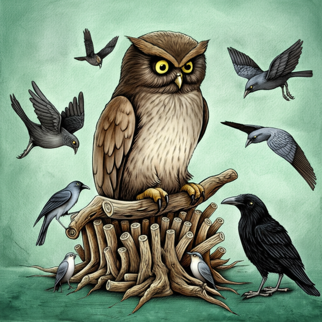Watercolor illustration of a dramatic moment:  An owl, large and imposing in dark browns and grays, sits on a throne constructed from 108 stylized roots, looking disappointed.  Surrounding him are various smaller birds, some flying away, others looking dejected. A crow, small but bold in stark black, stands to the side, slightly away from the action, conveying regret. The color palette uses muted greens and blues for the background and brighter colors for the birds, but maintains a somber overall tone.  The style is detailed and expressive, focusing on conveying emotion through the birds’ postures and expressions.
