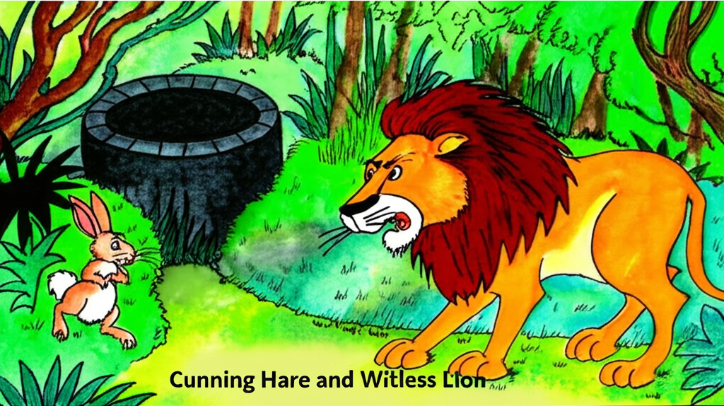 Watercolor illustration of a scared little hare leading a large, furious, orange-brown lion toward a deep well. The well is dark and mysterious. The lion is larger than the hare, emphasizing their size difference. Use vibrant greens and browns for the jungle environment.