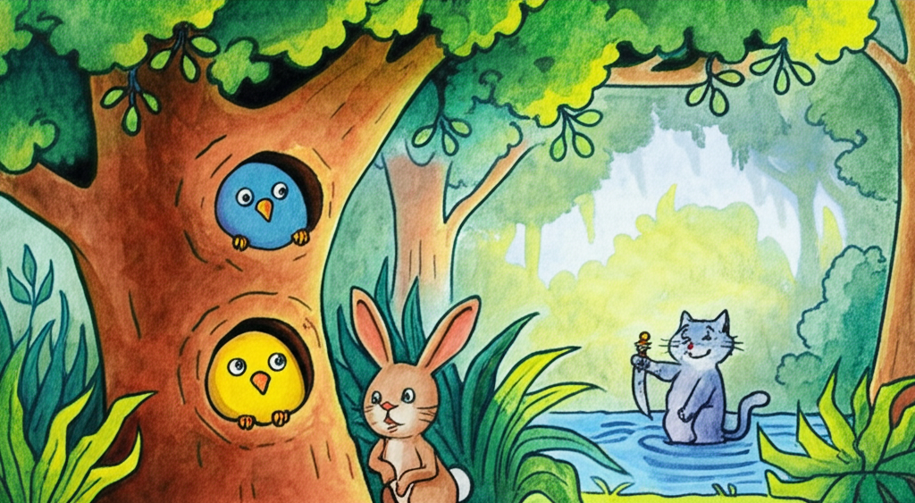 Watercolor painting of two small, round birds, Pip and Pop, Pip is blue and Pop is yellow. Pip is perched on a branch high in a lush green jungle tree, while Pop is in a small hole at the base of the tree. A brown bunny, Floppy, is peeking out of Pop’s hole. In the background, a slightly blurry image of a wise-looking grey cat sitting near a flowing river, holding a long blade of grass. The overall style should be whimsical and slightly melancholic, reflecting the story’s ending.  Focus on vibrant jungle colors and soft watercolor textures.
