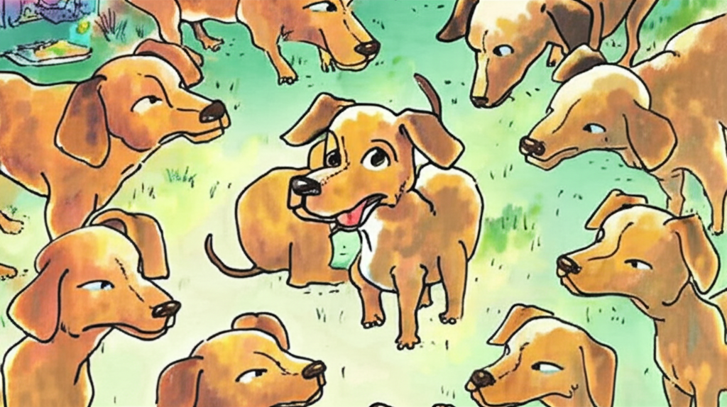 Watercolor painting focusing on Chitranga, a small brown dog with expressive eyes, surrounded by a circle of other similarly colored dogs of similar size and shape.  The scene is dominated by a palette of warm browns, ochres, and muted greens, conveying a sense of home and belonging.   A faint suggestion of a distant house, with a hint of brighter colors depicting food, is barely visible in the background, emphasizing the emotional connection between Chitranga and his fellow dogs over the lure of plentiful food.