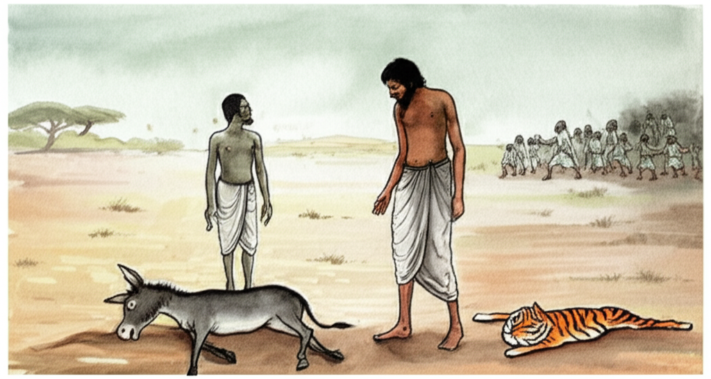 A watercolor painting of a sad scene: A dead donkey lies in a field, the tiger skin discarded nearby. Shuddapatta stands over it, looking down with remorse. The farmers are visible in the background, their figures less prominent, suggesting the aftermath of the chase. The overall color palette is subdued, with browns, greys, and muted greens dominating.  The focus should be on the donkey’s lifeless form and Shuddapatta’s grief, emphasizing the story’s moral.