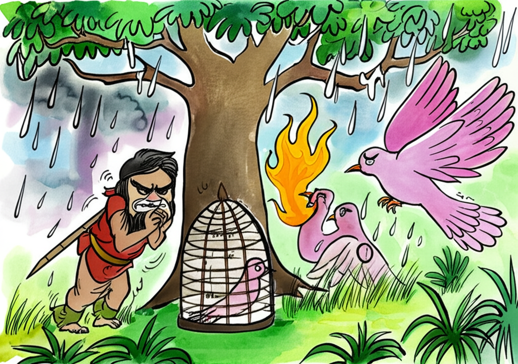 Watercolor illustration: A vibrant jungle setting with a majestic tree in the center.  A mean-looking hunter (dark, earthy tones) is shown under the tree, shivering, next to a cage containing a dove (soft pink). Another dove (same pink, similar shape) is approaching the hunter, offering burning leaves.  The background shows a stormy sky with rain. The doves have gentle, compassionate expressions, while the hunter shows remorse.  Use soft, blending watercolor techniques for a dreamlike quality.