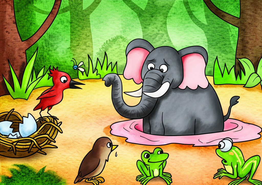 Watercolor painting of a jungle scene. A sad mama sparrow, depicted in muted browns and grays, sits near a broken nest with cracked eggs.  A large, grumpy elephant, rendered in deep gray and brown, is partially submerged in a muddy hole. A bright red woodpecker, a buzzing blue fly, and a green frog with large, wise eyes are gathered near the sparrow, looking at her with concern. The overall mood is one of sadness turning to hope. The background is a lush watercolor wash of greens and browns, suggesting a jungle environment.  The scale of the characters is consistent, with the elephant significantly larger than the other animals, which are similar in size to each other.