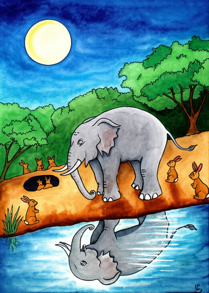 Watercolor painting of a dramatic moment: The elephant king, a larger grey elephant consistent in shape and size,  bows deeply before the lake, his reflection mirroring his humbled posture.  Smaller brown bunnies, consistent in size and shape, watch from a nearby burrow, appearing relieved and safe.  The lake’s surface is tranquil, reflecting a bright, full moon. The background shows the partially dried-up original pond and the lush green jungle.   Use contrasting color temperatures; cool blues and silvers for the water and moon, and warm earthy tones for the jungle and elephants. The overall mood should convey relief and the power of cleverness.