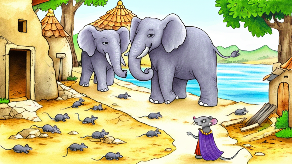 Watercolor painting of a whimsical scene: a crumbling, earth-toned village with broken houses, tiny brown mice scurrying around, large grey elephants walking carefully along a different path towards a serene blue lake.  The mouse king, slightly larger than the other mice but still tiny, is shown talking to a large elephant king, who looks kindly down at him.  The background features soft blues and greens reflecting the lake and surrounding landscape.  Focus on creating a light, airy, and slightly whimsical feel using soft watercolor washes.