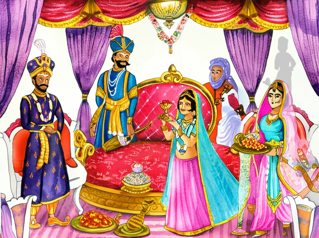 Watercolor painting of a lavish wedding feast in Vardhamana, featuring a richly dressed merchant (in deep blues and golds), his daughter (in a lighter blue and pink), the king and queen (in regal purples and reds), and a small, shadowy figure of a palace cleaner tucked away in the background. The scene should be vibrant and detailed, showcasing the opulence of the party but hinting at the cleaner’s resentment.