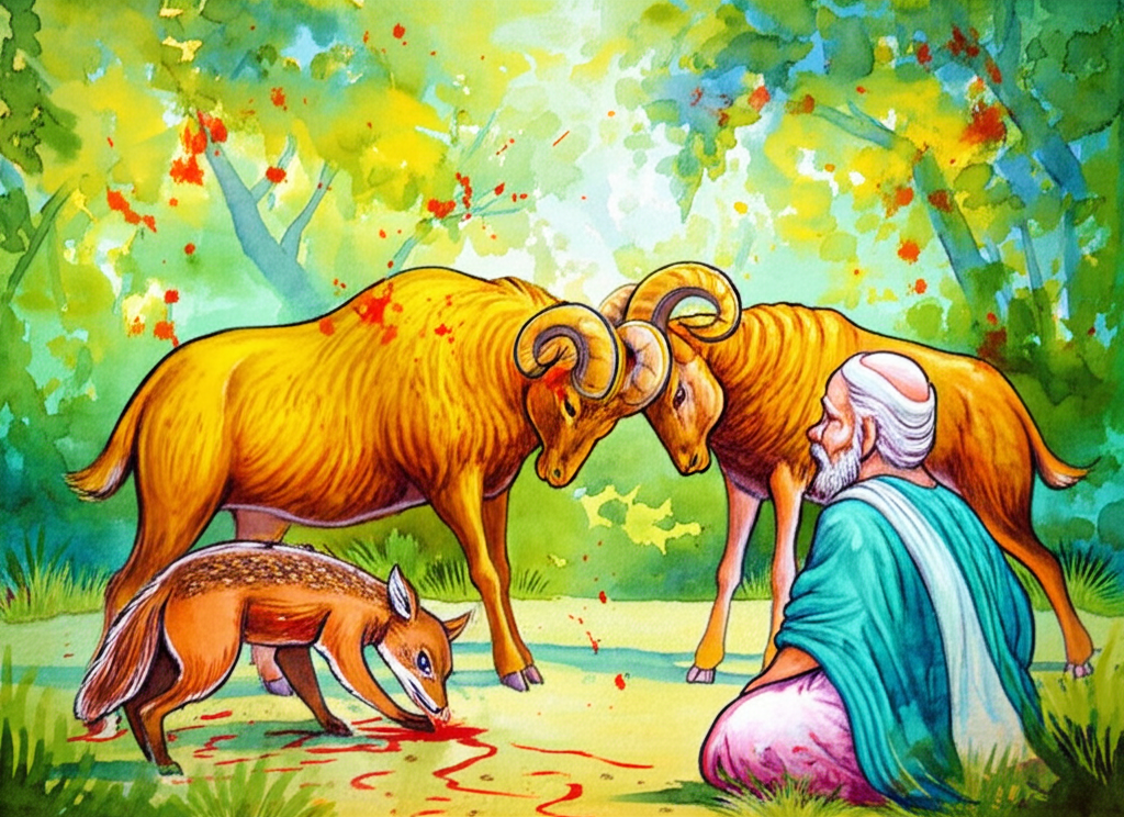 A watercolor painting depicting a wise old man with flowing robes of calming teal and sage green hues watching two golden-furred rams butt heads in a jungle setting. The rams, rendered with a sense of dynamic motion, are covered in small red splashes indicating blood.  A smaller, brown jackal with sharp features is intensely focused on lapping up the blood near the rams’ feet, completely ignoring the impending collision. The background jungle should be depicted with a loose, expressive watercolor style, using various shades of green, yellow, and brown to evoke a sense of wild, untamed nature.
