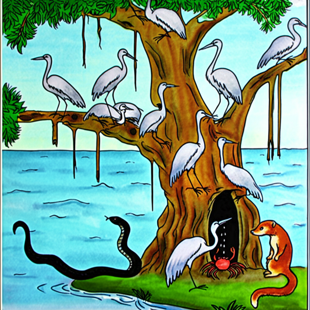 Watercolor illustration depicting a majestic banyan tree by a shimmering lake.  A large group of cranes (light grey, same shape & size as in prompt 1) are perched in the branches. A mama crane (light grey, matching style to others) cries near the base, where a small, red crab is shown talking to her. A dark, menacing black snake (consistent inky black color) is partially visible in its hole at the tree’s base.  A mongoose (brown and white, same size and shape) is approaching, visible slightly behind the crab to show the progress of the plan..