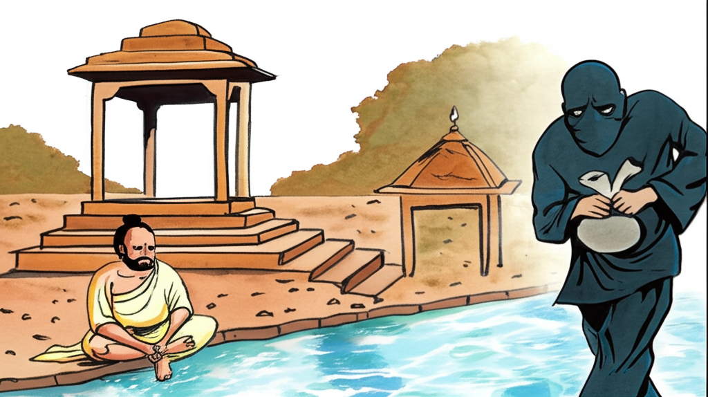Watercolor painting focusing on the contrast between Deva Sharma and the sneaky man. Deva, in his light-colored robes, sits near a river, his expression a mixture of sadness and resignation,  his posture slumped in defeat.  The sneaky man, depicted in dark, cool colors, is shown running away from the temple, his face hidden in shadow, clutching the money bag tightly. A small section showing the opulent yet simple temple is visible in the background. Use a limited color palette, with emphasis on the contrasting colors of Deva’s clothing and the sneaky man’s dark attire. Maintain consistent character design for Deva and the sneaky man across the entire painting.