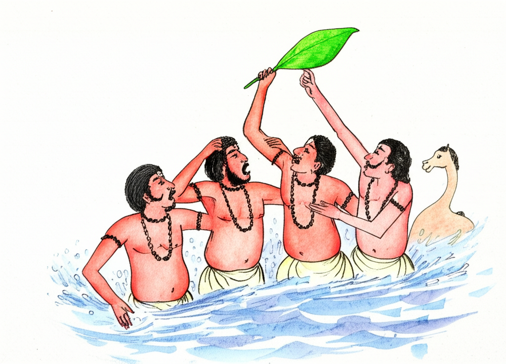 Watercolor illustration: Four identically styled Brahmin friends, each a distinct muted color, experiencing the climax of their journey. One is partially submerged in a river, clinging to a leaf, while another is attempting a rescue. The camel is partially visible in the background. The overall tone should convey the tragicomedy of their actions.  Use flowing brushstrokes to capture the movement of the water and the desperation of the scene. Use dark and light values to convey emotion.