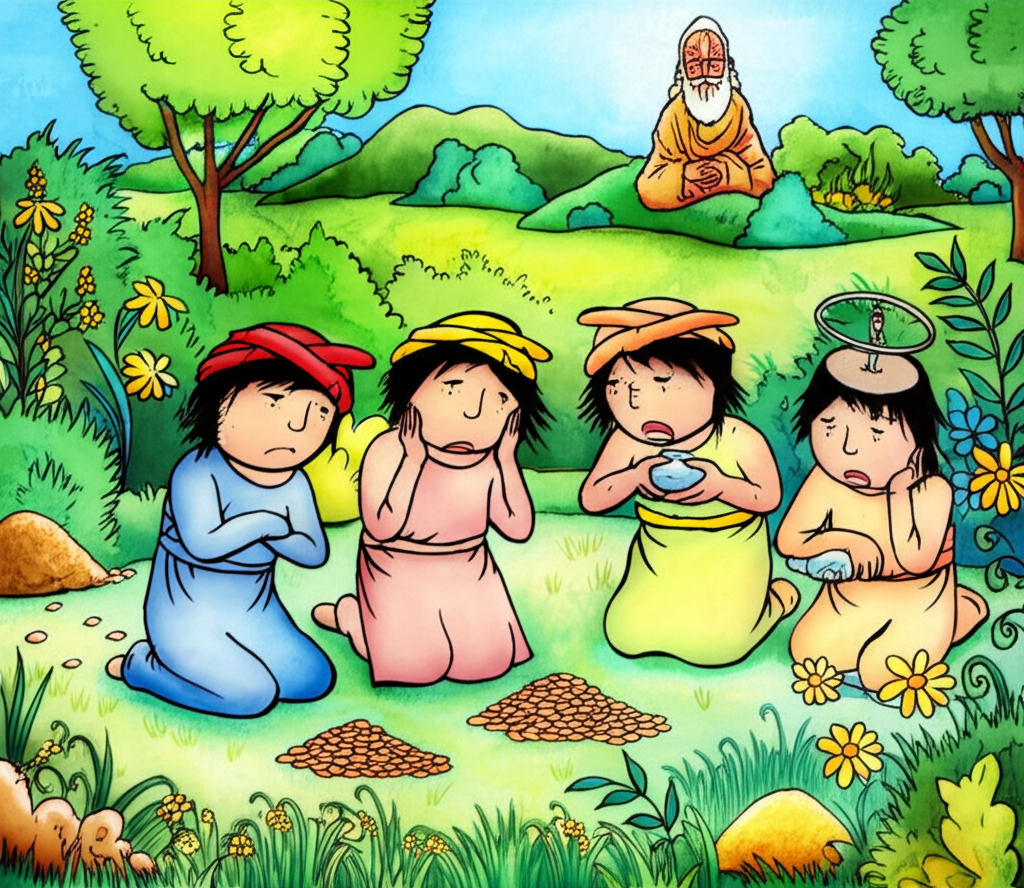 Watercolor painting of four friends, consistently sized and shaped, each a different muted color (e.g., pale blue, dusty rose, soft yellow, muted green), traveling through a lush, vibrant landscape. One friend is kneeling beside a pile of shimmering copper coins. Another is examining a glittering silver ingot. A third stands near a mound of gold, looking conflicted. The fourth friend, smaller and drawn with slightly darker, sharper lines, has a spinning wheel on his head, with a dark, mysterious figure standing slightly behind him, while another friend watches sorrowfully from the background. The overall style should be whimsical but with a touch of melancholy. The background should include hints of the wise Yogi in the distance, barely visible amongst the foliage.