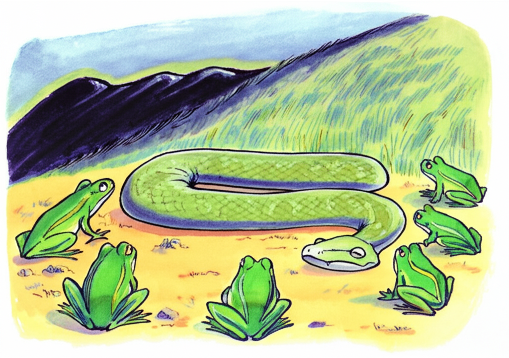Watercolor illustration depicting Mandavishya, a large, sage-green snake, appearing weak and tired, lying near the pond’s edge. Several bright green frogs, one noticeably larger representing the frog king, gather around him, showing concern. In the background, a dark looming mountain under a slightly ominous, muted sky adds a sense of foreboding. The style should be soft and delicate yet subtly conveys a sense of unease.