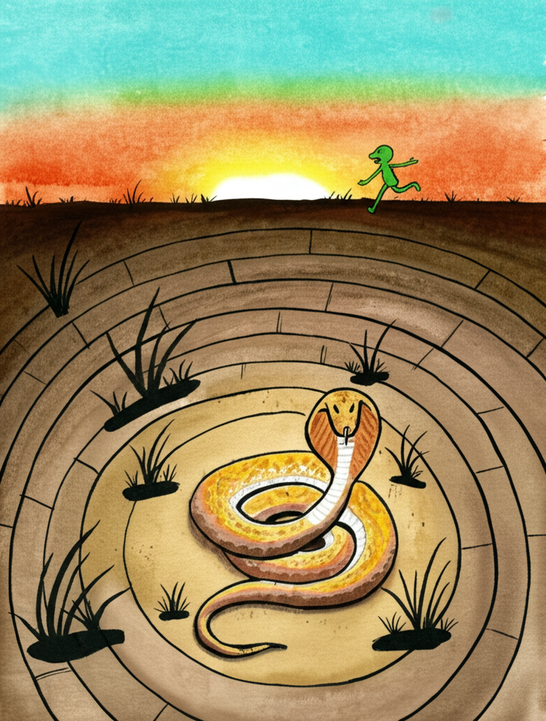A watercolor painting of the final scene: A lonely, emaciated brown cobra lies coiled at the bottom of a deserted well, surrounded by the shadows of past victims. A few wilting water plants suggest the passage of time and the cobra’s despair. Gangadatta, a small green figure, is shown in the far distance, happily hopping away, silhouetted against a vibrant sunset. This image should emphasize the cobra’s isolation and the moral of the story. Employ a palette of muted browns, greens, and oranges, with a strong contrast between the dark well and the bright sunset.