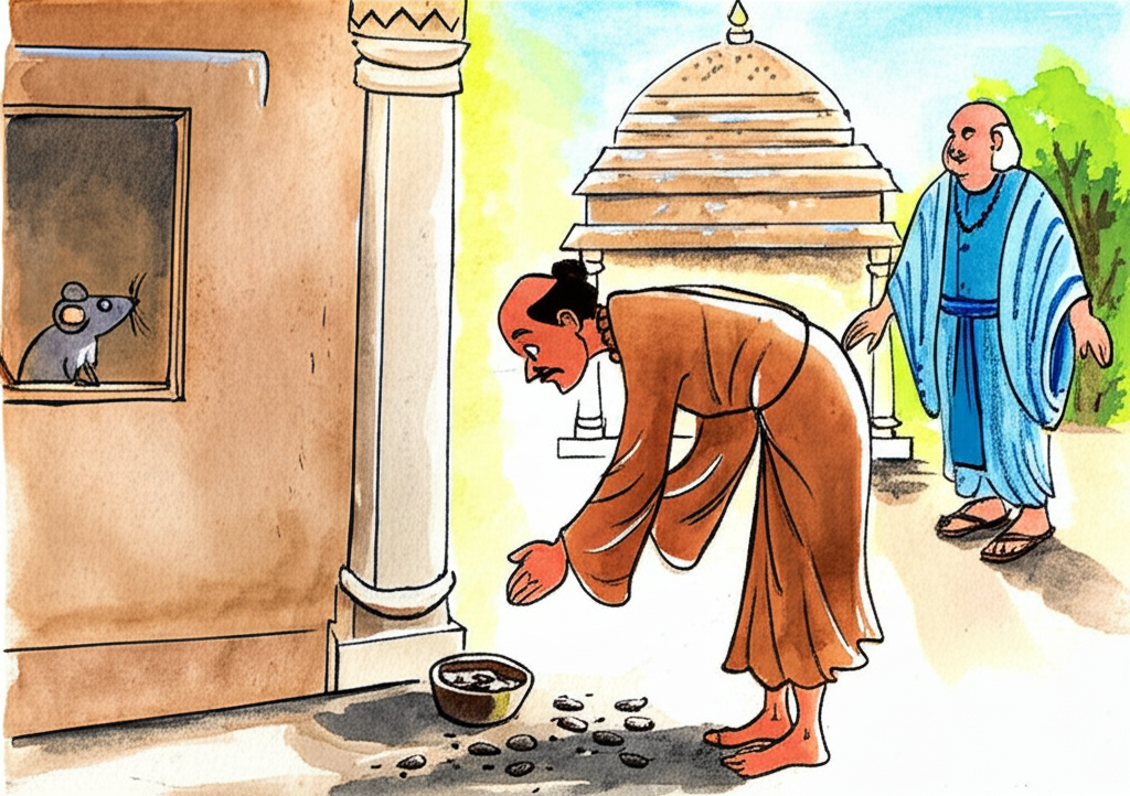 Watercolor painting of a serene temple near Mahilaropyam, bathed in soft sunlight. A kind, older holy man with a warm brown robe is shown slightly bent over, looking concerned near a simple food bowl. A small, grey mouse with bright eyes is peeking out from a hole in the temple wall.  In the background, a slightly annoyed visitor in flowing blue clothes is walking away. The overall style should be whimsical and slightly naive, with soft color palettes.