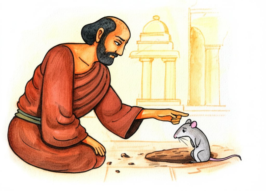 Watercolor painting focusing on a close-up of the mouse, small and grey, looking sad and defeated near its now empty hole. The holy man, in his brown robe, is observing the mouse with compassion and a gentle touch. The background suggests the temple and its peaceful surroundings. The color palette should be muted, emphasizing the mouse’s vulnerability and the holy man’s kindness. The style should be delicate and emotive, focusing on the emotional connection between the two figures.
