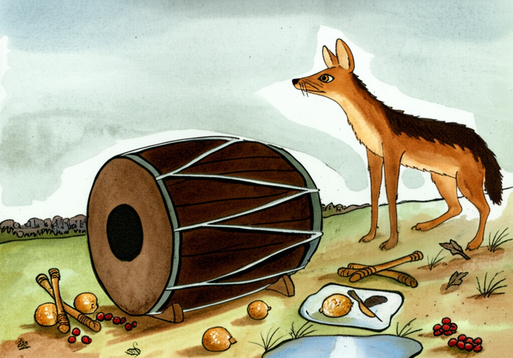 Watercolor illustration: A slender, tan-colored jackal, Gomaya, with expressive brown eyes, is depicted cautiously approaching a large, dark brown drum in the foreground. The drum sits in a battlefield setting, rendered in muted greens, browns, and greys.  Dried leaves and twigs are scattered around the drum and food items, such as berries and a small pool of water, are visible near it. The sky is a soft, pale watercolor wash of blue and grey. The emphasis should be on the contrast between Gomaya’s timid approach and the abundance of food he discovers.