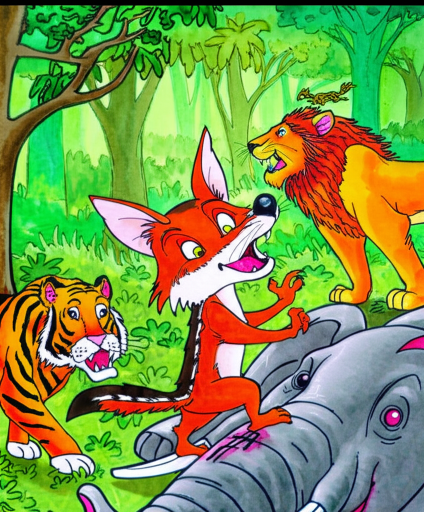 Watercolor painting of a clever jackal, Maha, with reddish-brown fur and pointed ears, celebrating a feast on a large elephant carcass in a lush green jungle.  A lion, with a golden mane and muscular body, is walking away in the background. A leopard with dark spots and a tiger with orange and black stripes are also visible, both looking fearful and running away from the elephant. The elephant’s skin is thick and grey, partially torn open revealing its inner flesh.  Use vibrant, contrasting colors for the jungle scene, creating a feeling of excitement and triumph.  Maha should be the focal point, slightly larger than the other animals.