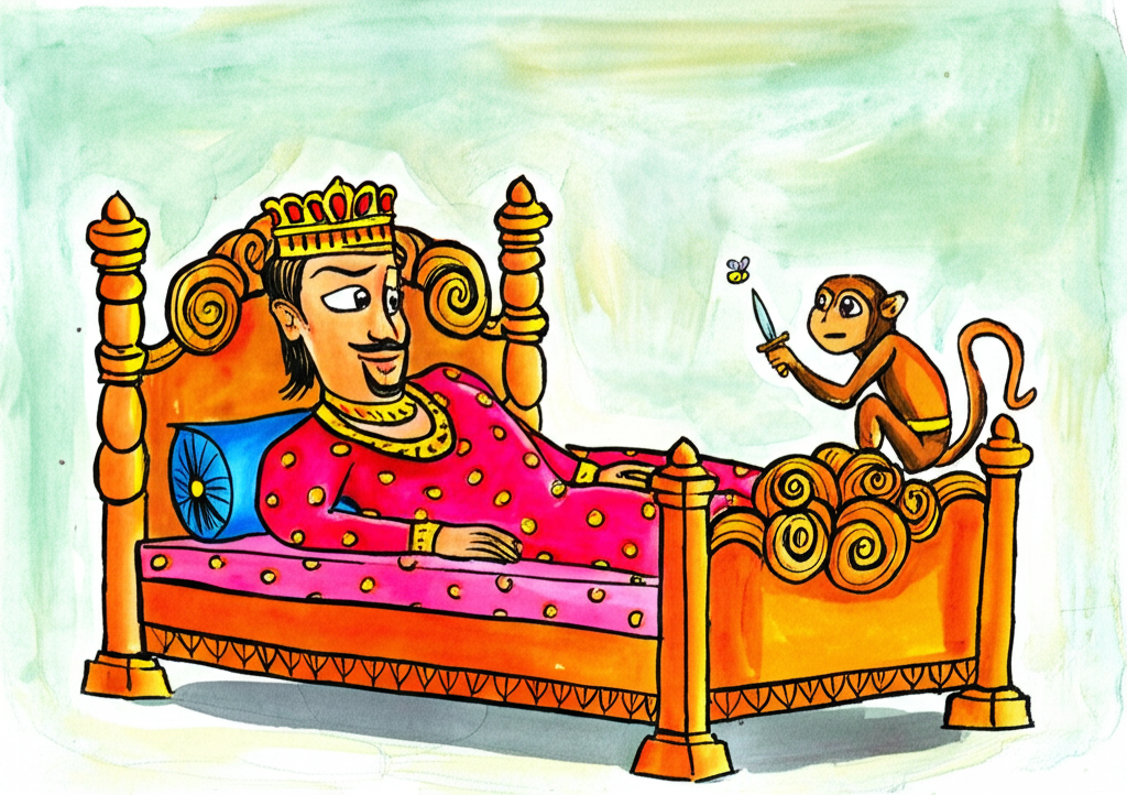 A whimsical watercolor painting depicting a king in regal attire, painted in shades of deep red and gold, napping on a luxurious bed. Perched near him is a small, expressive monkey, its fur rendered in warm browns and tans, holding a tiny, decorative sword. Its facial expression is a mix of concern and mischief. A small, almost translucent fly is subtly present near the king’s face. The background is simple, using soft washes of muted greens and blues to emphasize the figures in the foreground. The style should be loose and expressive, utilizing the fluidity of watercolor to convey movement and emotion.