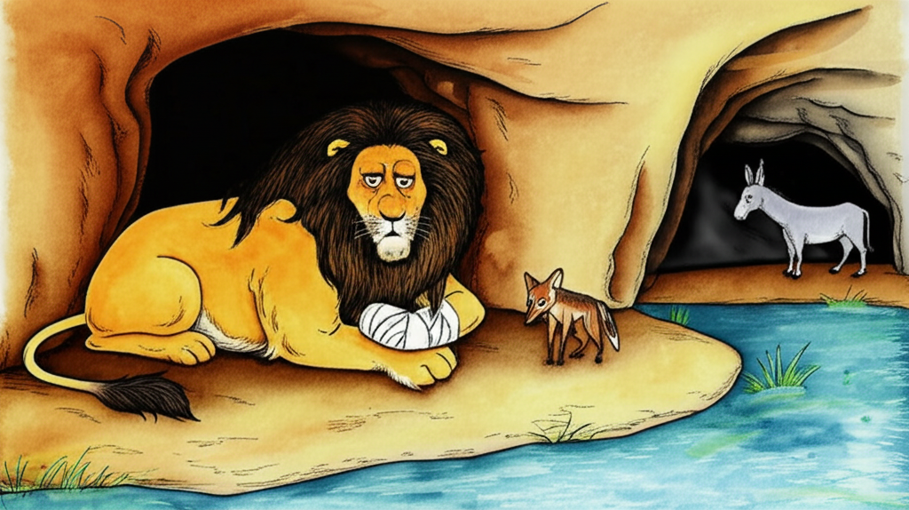 Watercolor painting of a dramatic scene: Karalakesara, a large, tawny lion with a bandaged paw, lies near a riverbank, looking weary.  A small, sly-looking jackal, with fur the color of burnt umber, stands near him, eyes fixed on a grey donkey, whose silhouette is slightly visible in the cave entrance. The cave opening is shaded and dark. The overall color palette is warm earthy tones with cool blues in the river. The style is expressive and slightly whimsical.