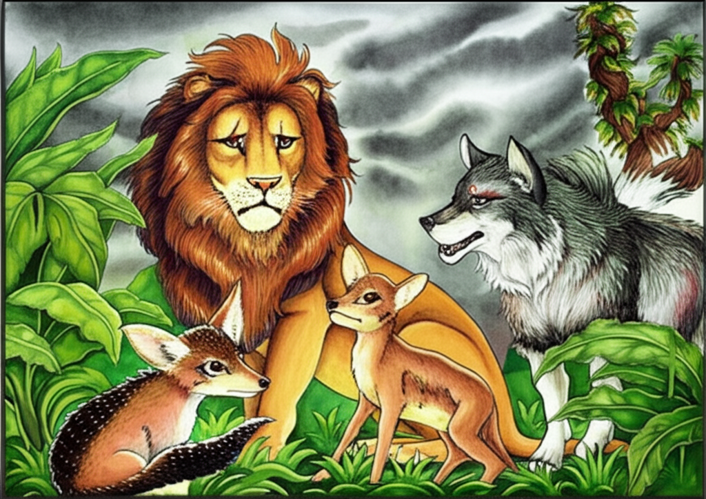 Watercolor painting of a lion (golden-brown fur, large mane), a jackal (sandy brown fur, pointed ears), a wolf (grey fur, bushy tail), and a baby camel (light brown fur, large eyes) huddled together in a lush jungle setting. The lion is slightly injured, looking distressed.  The background should suggest a feeling of impending doom, with dark, stormy clouds gathering.  Focus on the emotional expressions of the animals.