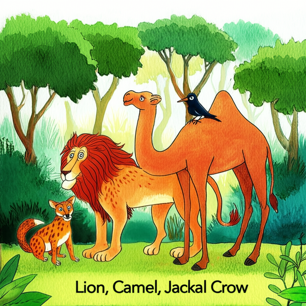 Watercolor painting of Madotkata, a lion with a warm orange mane, a spotted leopard with a similar size and shape to the lion, a brown jackal smaller than the lion and leopard, and a black crow perched on Madotkata’s head; all characters are distinct but similar in style, along with a large, light brown camel standing calmly beside them in a lush green jungle setting. The overall mood should convey a sense of peace and camaraderie before the conflict arises.  Focus on vibrant, natural colors.