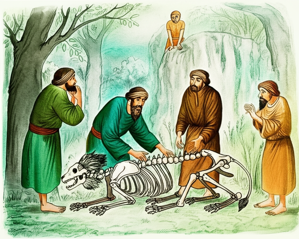 Watercolor painting of a dramatic jungle scene. The focus should be on four distinct figures: three in similar attire (flowing robes in shades of olive green and deep turquoise) representing the scholarly friends, and one smaller figure in warm browns and oranges, the clever friend. The three scholars are engaged in reassembling a lion skeleton, which is partially covered in translucent watercolor washes suggesting skin and muscle.  The clever friend, noticeably smaller, observes from a tall tree in the background, his posture and expression conveying worry. The lion’s head should be slightly larger than the other elements to emphasize the looming danger.  The overall style should be reminiscent of a classic watercolor illustration, with visible brushstrokes and a focus on texture.