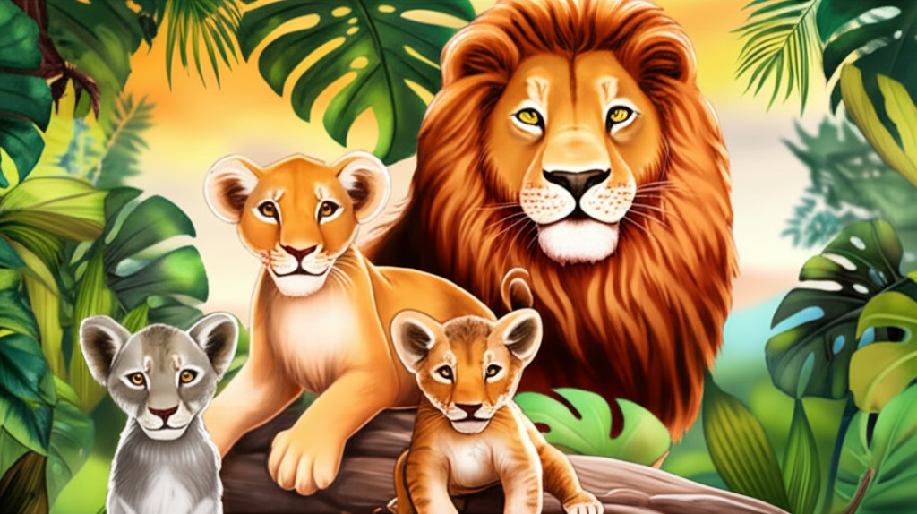 Watercolor painting of a lion family: two adult lions (a tawny-colored mother and a slightly darker father), two lion cubs (smaller versions of their parents), and a smaller, more slender jackal cub (light brownish-grey) all together. The background features lush, green jungle foliage, with hints of sunset colors in the sky.  Focus on the emotional connection between the family members, despite the jackal cub looking slightly apprehensive. The lions should have similar styles of mane and fur rendering to indicate family resemblance.  The scene evokes a sense of warmth and family despite the underlying conflict.