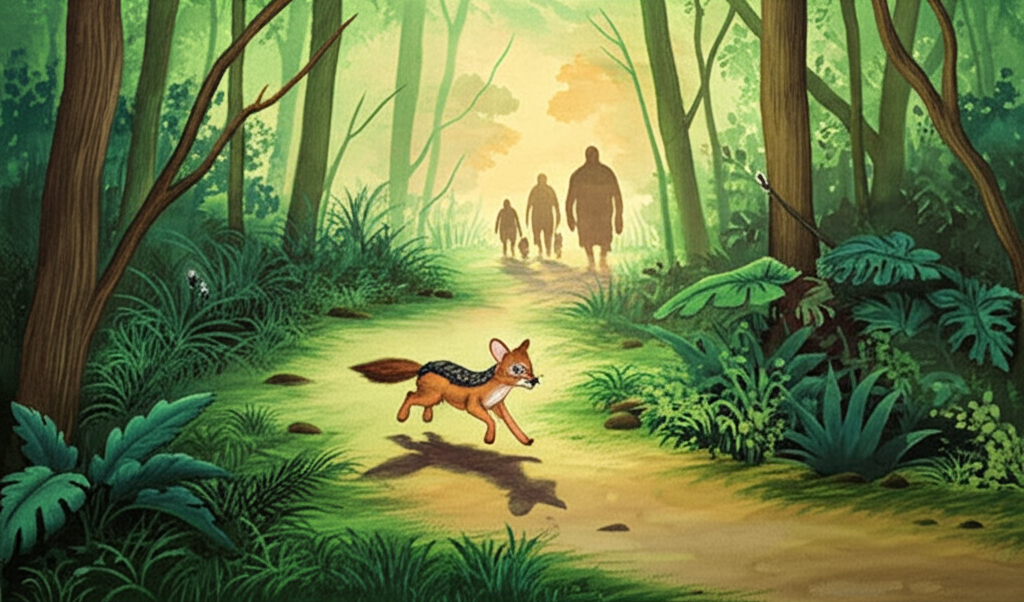 Watercolor painting depicting the jackal cub running away into the jungle.  The background should be a vibrant jungle scene with dappled light, showing the path of the running jackal.  The jackal cub is smaller and more defined in details than other characters. It’s running from the family in the distance, who are shown as silhouettes only. This scene should reflect sadness and a feeling of loneliness for the jackal leaving his adopted family, while also showing the freedom of finding his true self. The color palette should feature muted greens, browns, and darker shades, with hints of orange/yellow in the distant sunset.