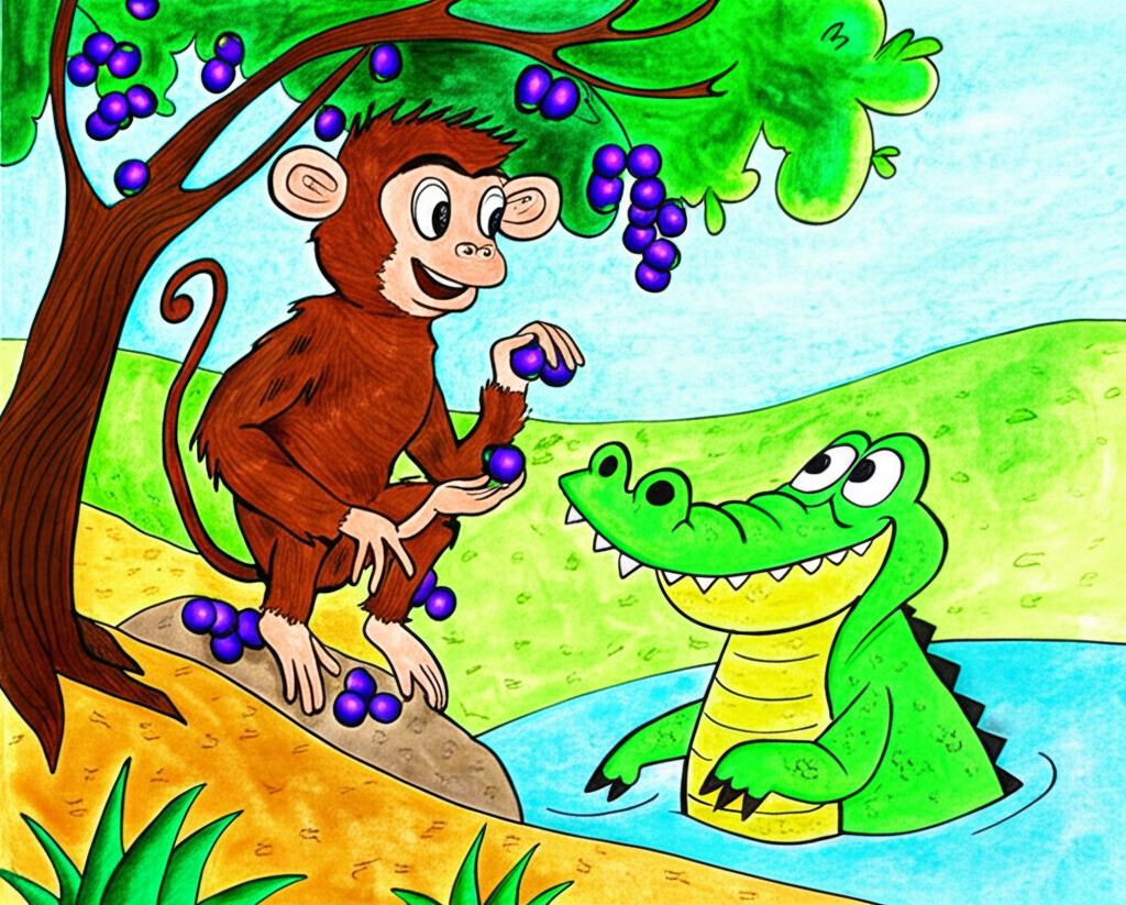 Watercolor painting of a vibrant scene: Ricky, a cheerful brown monkey with large expressive eyes, sitting in a lush, green jamun tree laden with dark purple berries, sharing berries with Carl, a large green crocodile with friendly eyes, near a gently flowing river. The style should be whimsical and slightly cartoonish, with soft, blended watercolor washes for a dreamy atmosphere. The overall palette should be warm and inviting, using bright greens, purples, browns, and teals.