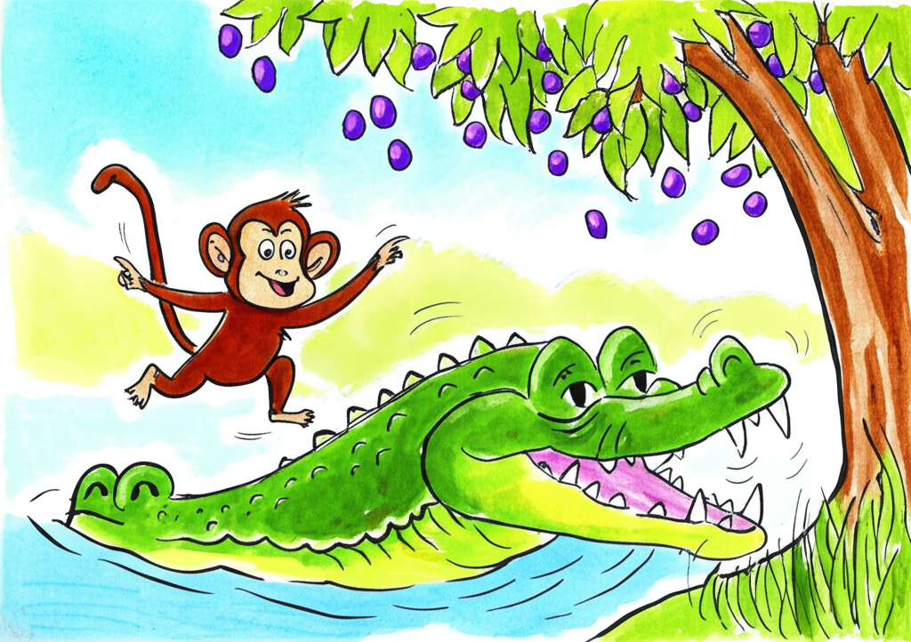Watercolor illustration of Ricky the monkey cleverly escaping from Carl the crocodile. Ricky, depicted as a small, agile brown monkey with a mischievous grin, is leaping from Carl’s back (Carl is a large, somewhat grumpy green crocodile) towards the jamun tree, purple jamun berries falling around them. The background features a serene river and a partially visible jamun tree. Use a loose watercolor style with visible brushstrokes, emphasizing movement and energy.  Maintain consistent character colors and sizes throughout.