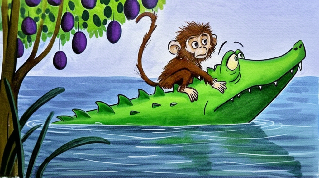 Watercolor painting focusing on the contrast between the deceptive scene and the truth: Carl, a green crocodile with a worried expression, swimming in a dark river, carrying Ricky, a small brown monkey looking apprehensive but sly on his back.  The background is a blurred image of a jamun tree with hanging purple fruits. The style should be expressive, using contrasting dark and light washes in the water to highlight the drama, and soft, muted tones for the monkey and crocodile. The overall mood should be one of suspense, just before Ricky’s escape.