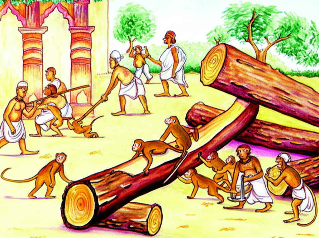 Watercolor painting: A rich man’s garden teeming with activity. A half-built temple is the backdrop.  A large wooden log, split apart by a wedge, is the focal point.  Several human workers (consistent size, shape, and warm color palette), are clearly moving away from the scene indicating lunch break. A group of lively monkeys (smaller, consistent size and shape, varying shades of brown) are playfully interacting with the construction tools and the log. One monkey is trapped inside the snapped-shut log. The scene is rendered in a whimsical yet slightly cautionary watercolor style, with bright colors and soft edges.