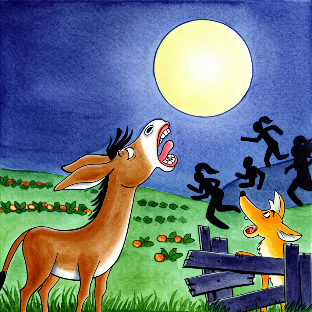Watercolor illustration of Uddhata, a light brown donkey, singing loudly with his mouth open under a large, bright full moon.  A scared-looking jackal, sandy yellow, peeks from behind a broken farm fence in the lower right corner.  The background shows a farm with stylized vegetable patches and dark silhouettes of farmers rushing towards Uddhata.  Use soft, muted watercolor washes for the background and bolder colors for the characters, maintaining a consistent style for the donkey and the jackal.