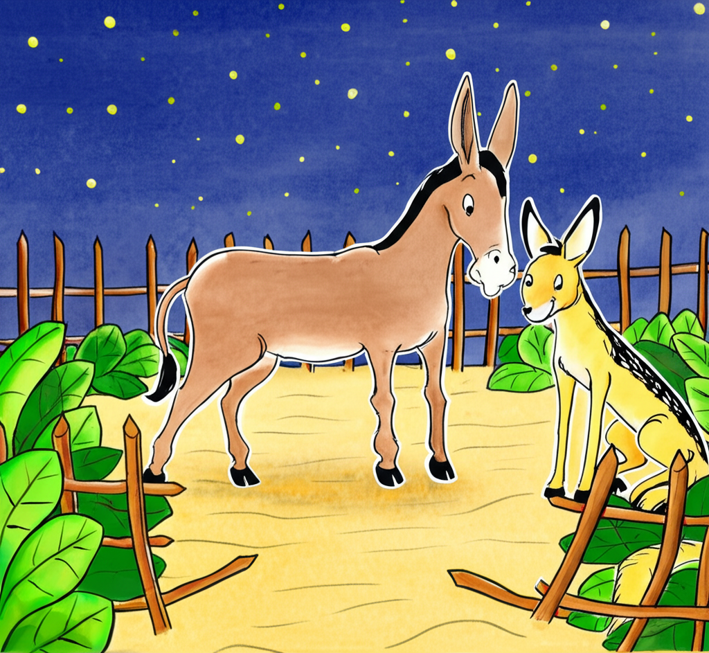 A watercolor scene depicting Uddhata, a light brown donkey, and a sandy yellow jackal, sharing a moment amongst lush, vibrant green vegetable plants under a starry night sky.  The fence is broken in the foreground, showing signs of struggle. Uddhata is slightly larger than the jackal and both are shown in a consistent, slightly cartoonish style.  The overall scene should highlight the contrast between the friendship and the consequences of Uddhata’s actions, utilizing a blend of soft and detailed watercolor techniques.